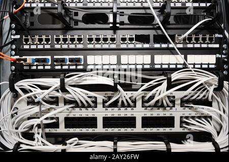 Server panel with cables and connectors Stock Photo