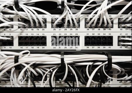 Server panel with cables and connectors Stock Photo
