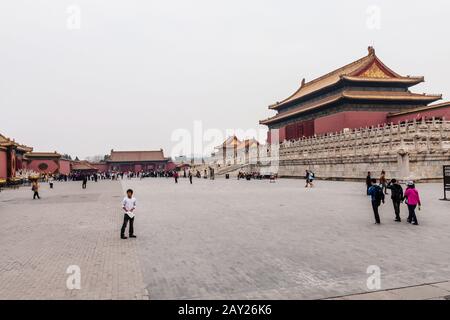 The Hall of Preserving Harmony, a north side view, and the Gate of Good Fortune in the Forbidden City, Beijing Stock Photo