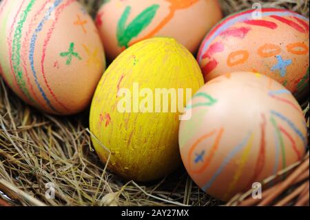 Easter colorful eggs in basket Stock Photo