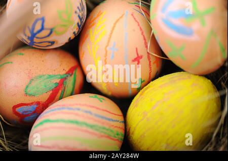 Easter colorful eggs in basket Stock Photo