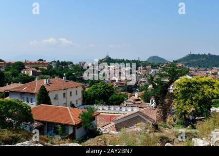 Plovdiv, Bulgaria - June 08, 2018: Cityscape from Nebet hill with different buildings, dzhumaya mosque and clock tower Stock Photo