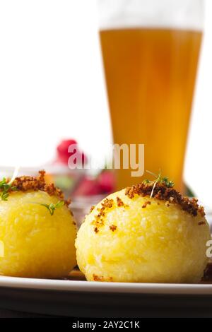 Potato dumplings and Bavarian roast pork Stock Photo