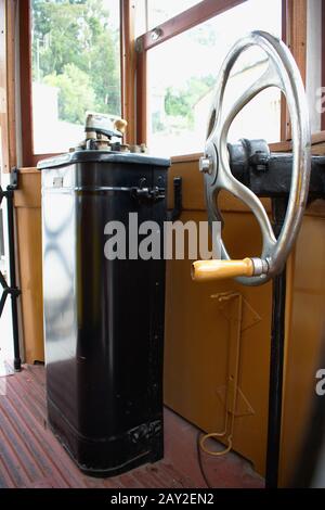 Closeup view of a traditional yellow portuguese tram Stock Photo