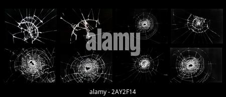 Broken glass, cracks, bullet marks on glass. Set of illustrations for design. Stock Photo