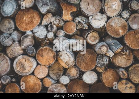 Detail of stacked wooden logs prepared for winter Stock Photo