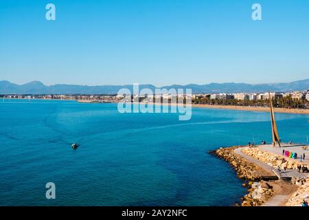 SALOU, SPAIN - JANUARY 12, 2020: Aerial view of Llevant Beach, the main beach of Salou, in the famous Costa Dorada, on a winter Sunday. Salou is a maj Stock Photo