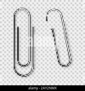 Realistic tilted metal paper clip. Page holder, binder. Vector