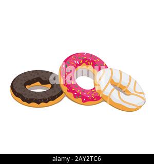 Three different donuts glazed on a white isolated background. Vector image Stock Vector