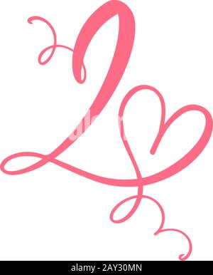 Vector Vintage floral monogram Number two 2. Calligraphy element heart logo Valentine card flourish frame. Hand drawn Love sign for page decoration Stock Vector