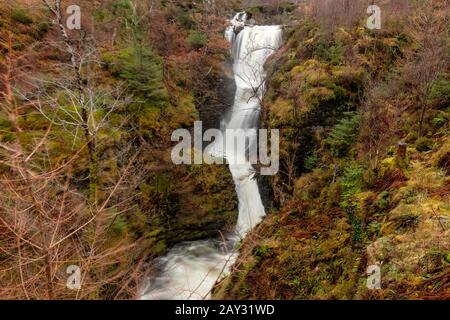 The Victoria Falls, by the side of Loch Maree in Scotland, in spate during the winter. Stock Photo