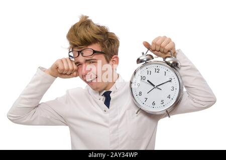 Funny doctor with alarm clock isolated on white Stock Photo