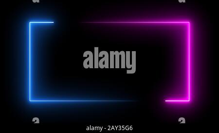 Square rectangle picture frame with two tone neon color motion graphic on isolated black background. Blue and pink light moveing for overlay element. Stock Photo