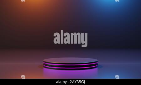 Product stand pedestral podium platform stage in studio. Modern black and purple shade emission. Abstract minimal product showcase presentation templa Stock Photo