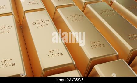 Closeup shiny gold bar arrangement in a row. Busienss Gold future and financial concept. 3D illustration rendering. World economics and currency excha Stock Photo