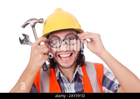 Funny construction worker with hammer and wrench isolated on white Stock Photo