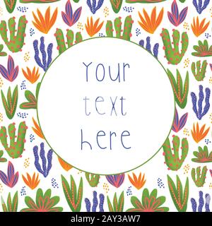 Cactus plants vector card template. Invitation with abstract Cacti pattern in bright colors on white background. Modern nature illustration with green Stock Vector
