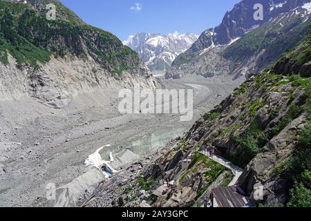 CHAMONIX, FRANCE -26 JUN 2019- View of people at the entrance of the Mer de Glace tunnel, a landmark valley glacier in the Massif du Mont Blanc rapidl Stock Photo