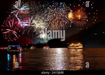 Firework over the rhine valley. Rhein in Flammen (Rhine in Flames) , traditional festival in Germany Stock Photo