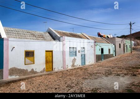 Street with colorful houses in Bofareira on the island Boa Vista of Cape Verde Stock Photo