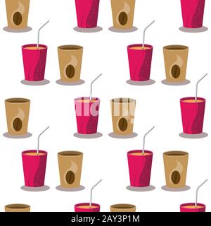 Seamless pattern of paper cups with drink and coffee on a white background. Vector image Stock Vector
