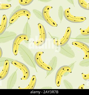 Seamless banana and leaf pattern. Fruit and foliage vector illustration background. Stock Vector