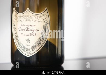 Krasnodar, Russian Federation – February 14, 2020: Close-up of Bottle of Champagne Dom Perignon Vintage 2008 logo produced by the French vinery brand Stock Photo