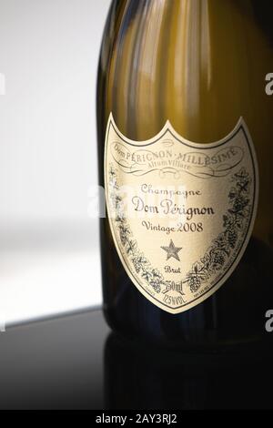 Krasnodar, Russian Federation – February 14, 2020: Close-up of Bottle of Champagne Dom Perignon Vintage 2008 logo produced by the French vinery brand Stock Photo