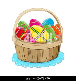 Easter egg. Beautiful colorful spring eggs in a basket .White isolated. Vector. Stock Vector