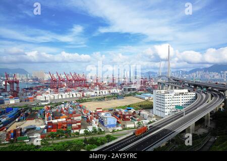 container terminal and stonecutter bridge in Hong Kong Stock Photo - Alamy