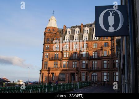 ST ANDREWS, SCOTLAND - 13/2/2020 - A view of the open logo in the foreground with the hamilton grand as the backdrop, by the 18th hole of the old. Stock Photo