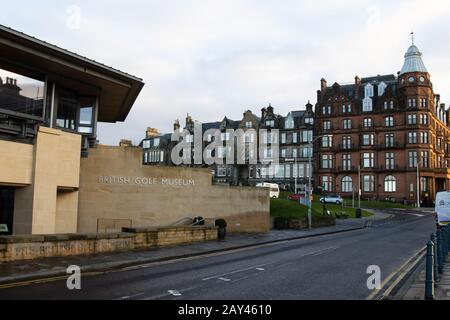 ST ANDREWS, SCOTLAND - 13/2/2020 - A view of the outside of the British golf museum opposite the Royal and Ancient clubhouse by The Old Course Stock Photo