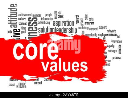 Core values word cloud with red banner Stock Photo