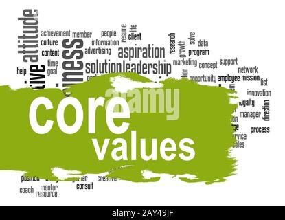 Core values word cloud with green banner Stock Photo