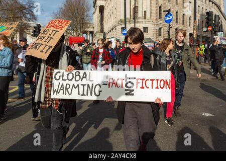 Westminster, London, UK. 14th Feb, 2020. The one year anniversary of the first UK climate strike, students take to the streets of the capital to demand climate action. Penelope Barritt/Alamy Live News Stock Photo