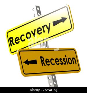 Recovery and recession with yellow road sign Stock Photo