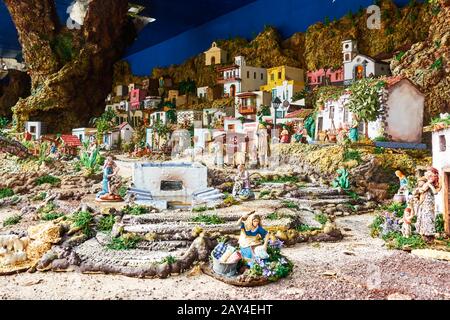 Candelaria, Tenerife, Spain - December 12, 2019: Christmas Belen -  Creche, Nativity Scene, statuette of people and houses in miniature Stock Photo