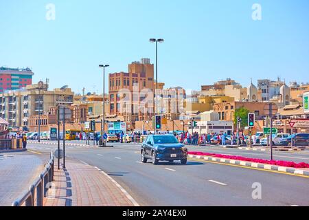 Dubai, UAE - January 31, 2020:  Street along waterfront in Deira district in Dubai, United Arab Emirates Stock Photo