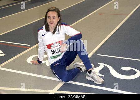Glasgow, UK. 14th Feb, 2020.   Laura Muir (GBR), at a pre-event photocall today. Laura Muir – GBR (1000m – WR attempt) • Five-time European champion and double world indoor medallist • Muir finished 5th at last year’s World Championships in 3:55.76, her second quickest time ever • Already a holder of five British records (1500m outdoors and the 1000m, 1500m, 3000m and 5000m indoors), Muir will look to break the 1000m world record on Saturday 15 February • The record is 2:30.94 and is held by Maria Mutola having been set in 1999 – Muir’s personal best over the distance indoors stands at 2:31.93 Stock Photo