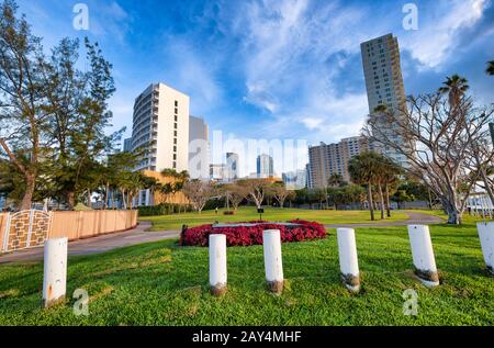 Brickell Key park and buildings on a beautiful morning, Miami - FL. Stock Photo