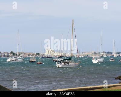 Newport, Rhode Island-September 2017: Yachts and boats moored at the Newport Harbor on a windy day. Stock Photo