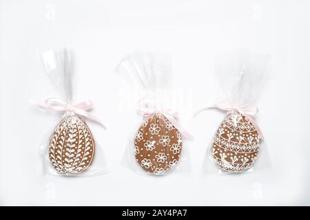 Beautiful Easter cookies on a white background, Easter cookies, Place for text, Easter eggs, Top view, Packed Stock Photo