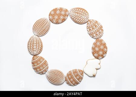 Beautiful Easter cookies on a white background, Easter cookies, Place for text, Easter eggs, Top view, Frame Stock Photo