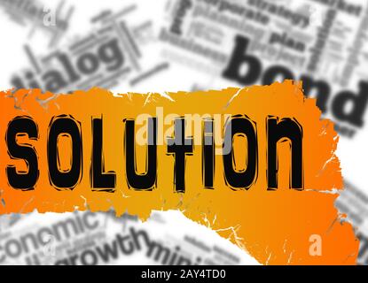 Word cloud with solution word on yellow and red banner Stock Photo