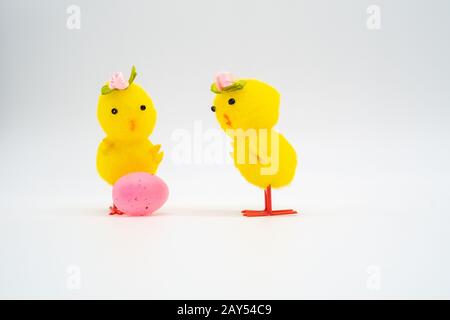 Two yellow easter chicks looking surprised at pink egg isolated on white background. Gender reveal girl. Stock Photo