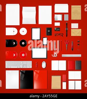 Products branding mockup template, red background Stock Photo