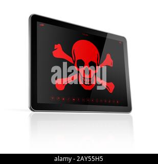 Tablet PC with a pirate symbol on screen. Hacking concept Stock Photo