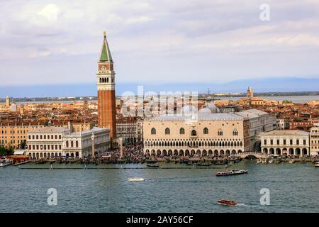 View of St Mark square, the Doges Palace, St Marks Campanile and the Grand Canal from San Giorgio Maggiore. Venice. Italy Stock Photo
