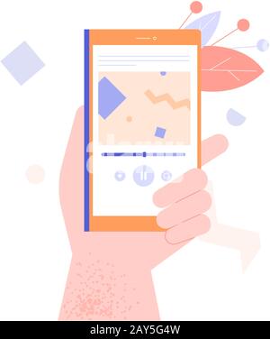 Hand holds smartphone. Stock Vector