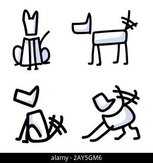 Cute stick figure dogs set wagging tail vector clipart. Bujo bullet journal style adorable cartoon puppy training to sit. Simple pet pooch care Stock Vector